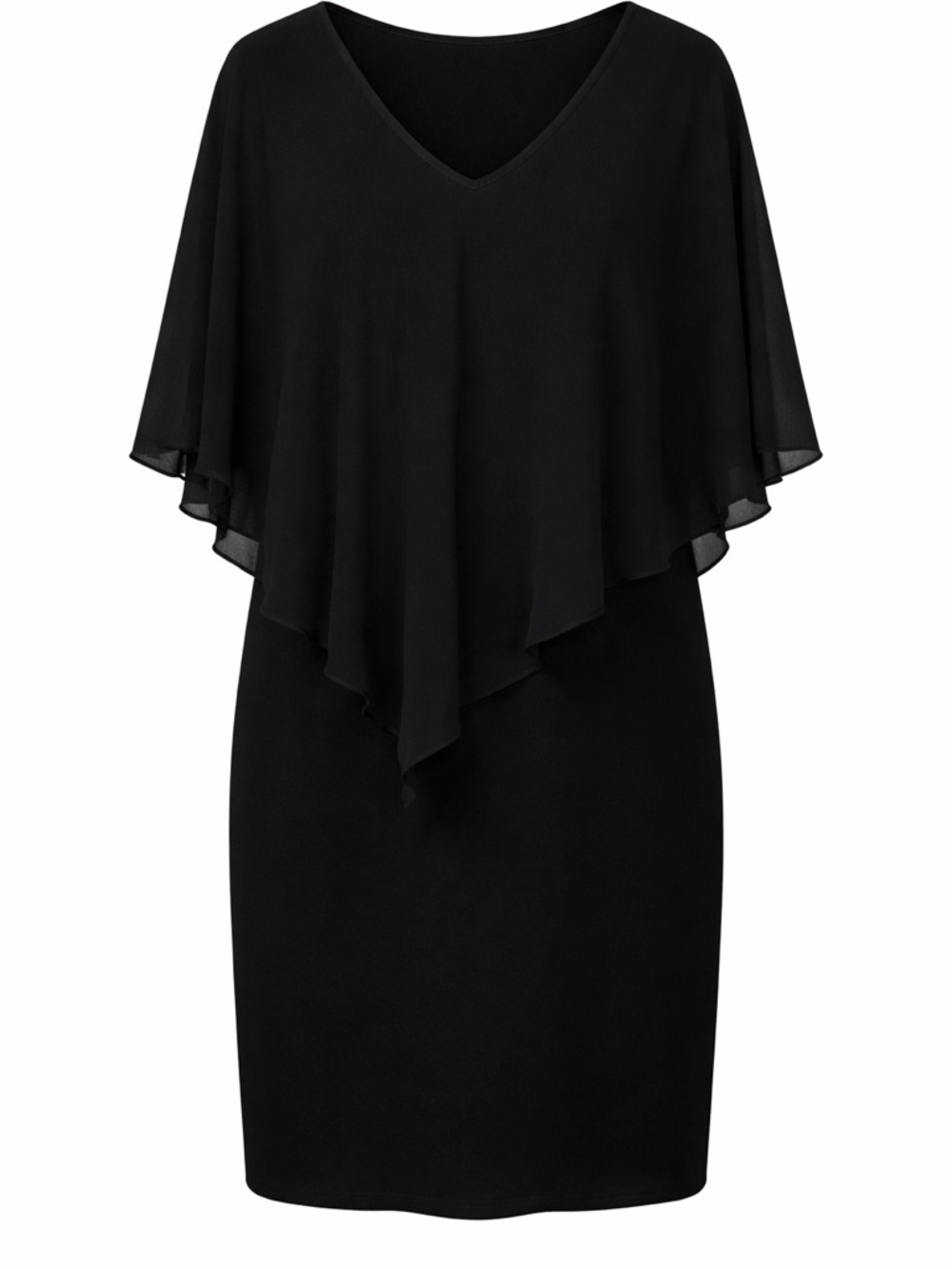 Chic Minimalist Asymmetrical Body-con Black Dress with Chiffon Flowy Overlay